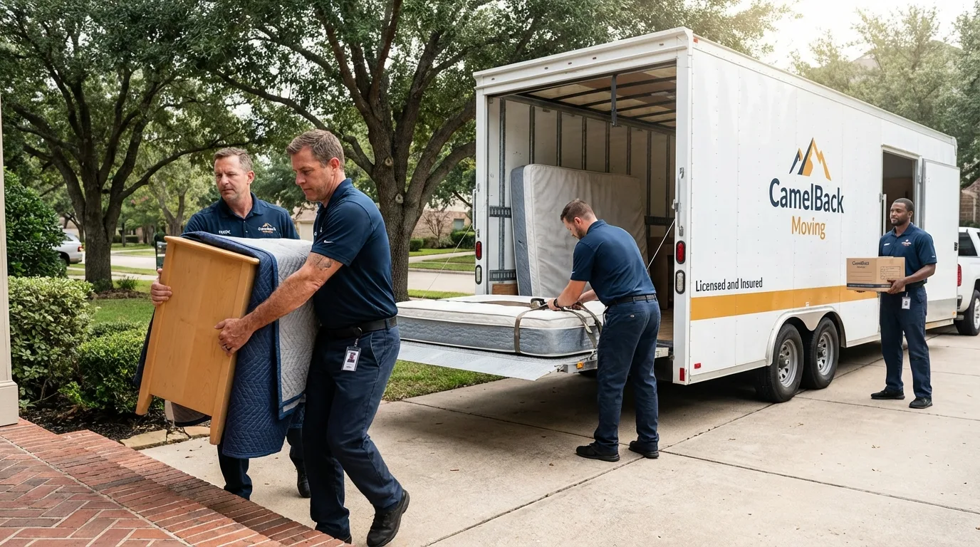 Crew loading residential truck for cross-state move from Burlington, MA