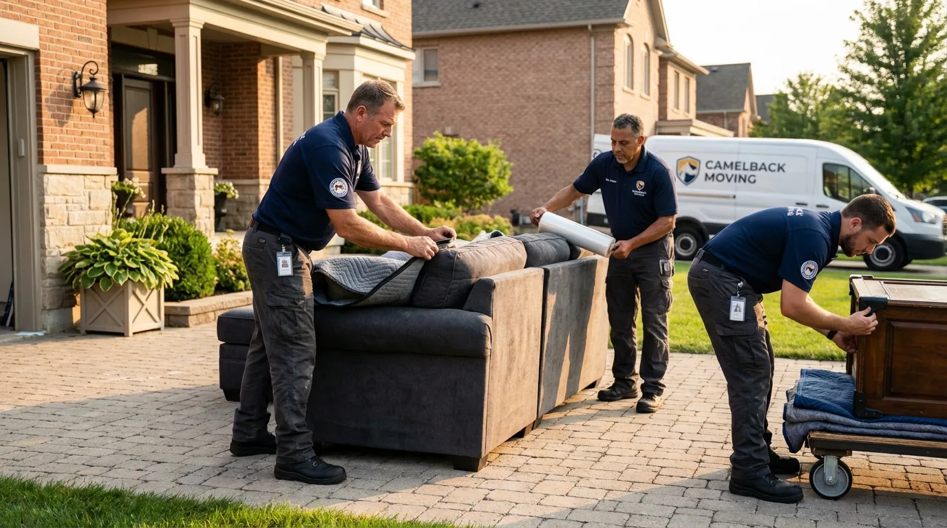 Large estate moving crew wrapping furniture in Burlington, MA