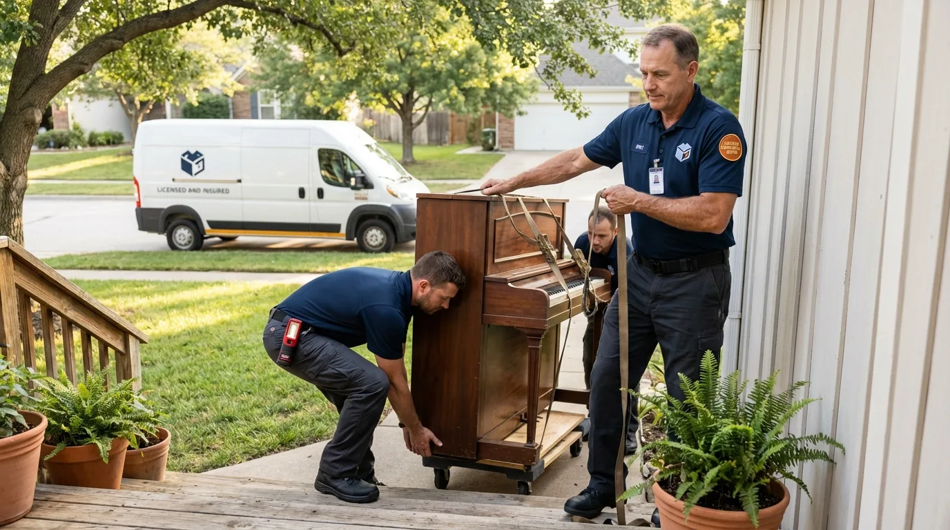Licensed piano movers securing grand piano in Burlington, MA