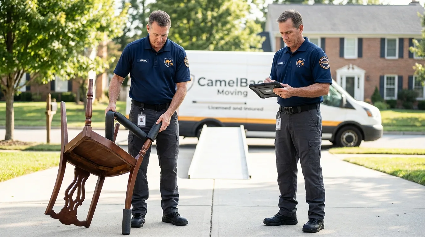 Movers inspecting furniture for damage prevention before loading in Burlington, MA