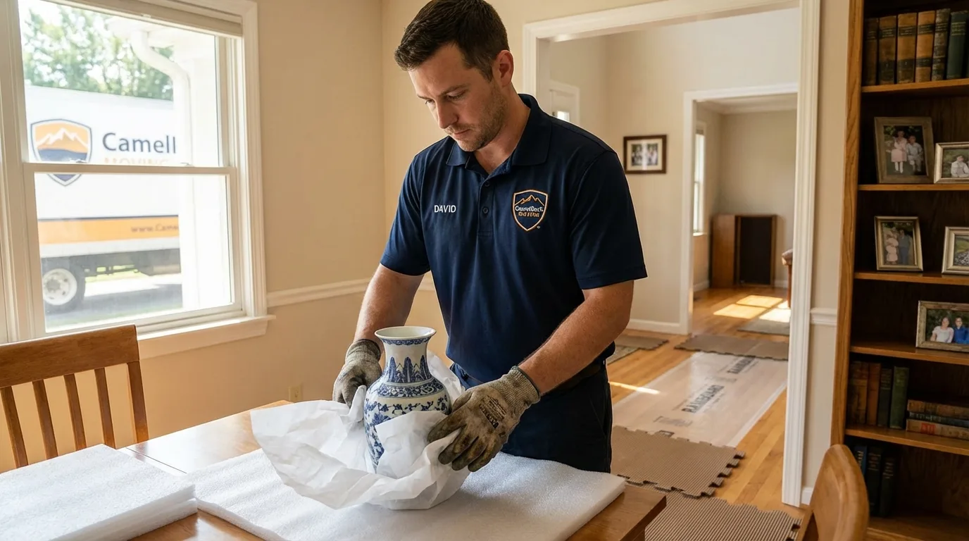 Professional crew carefully wrapping antique vase for senior downsizing move in Burlington, MA